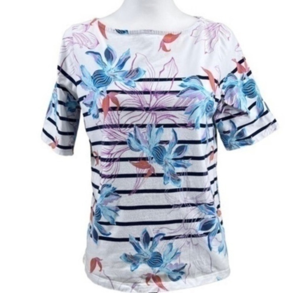 Lands' End Women's Short Sleeve Tops Tropical Print & Stripes Floral Small
